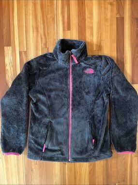 The North Face Girls Charcoal Grey Fleece Jacket with Pink Accents